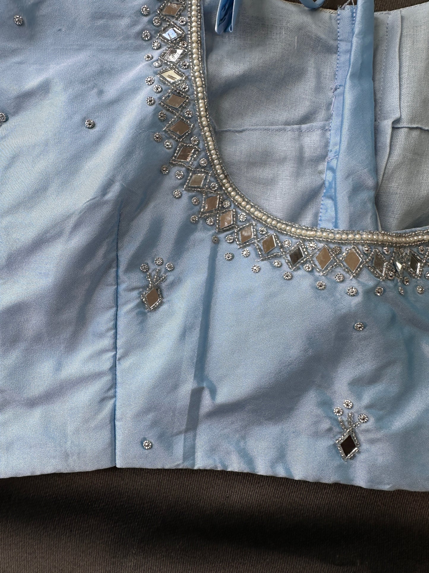 Blue Silk Blouse with mirror and aari work