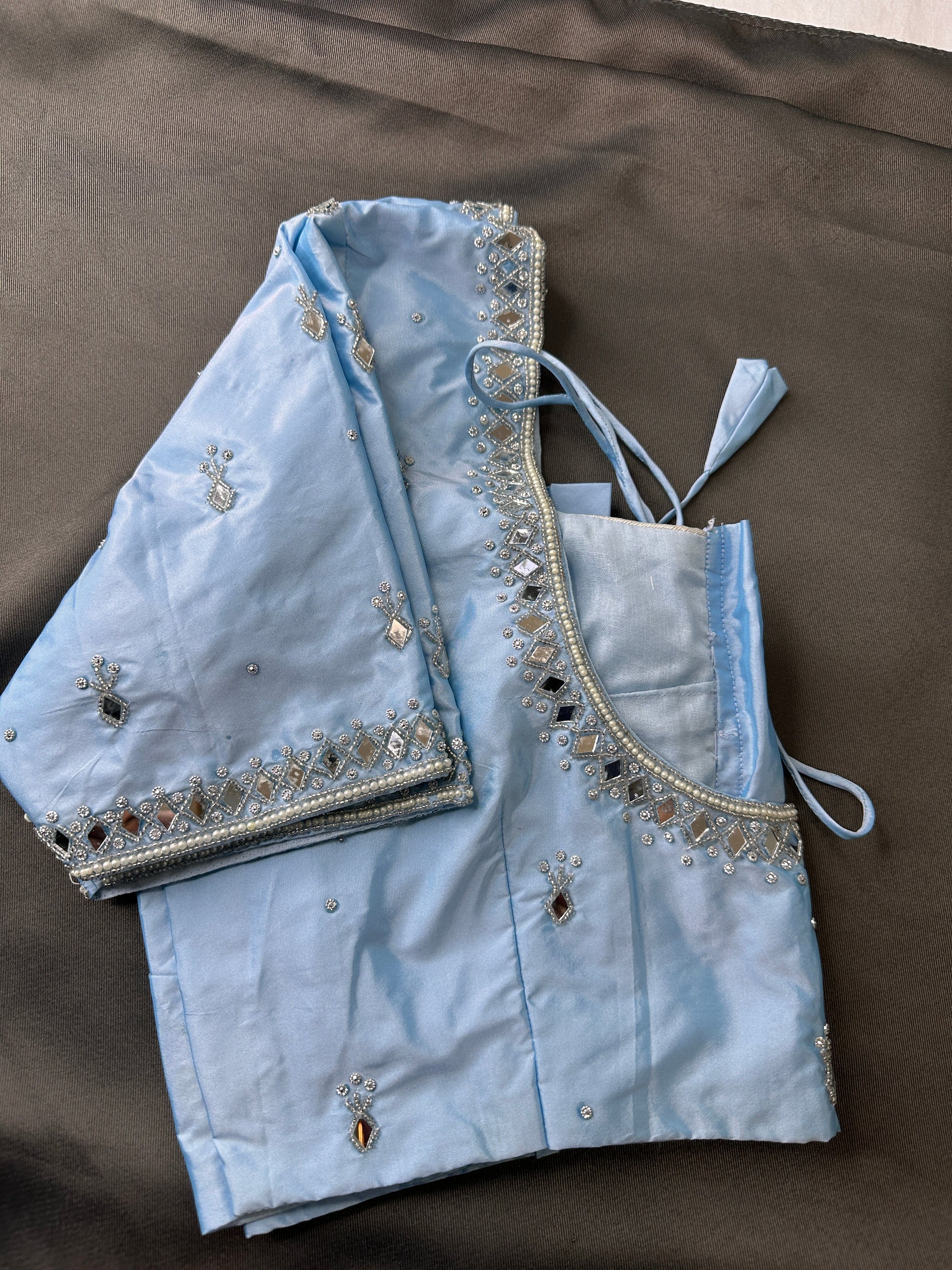 Blue Silk Blouse with mirror and aari work