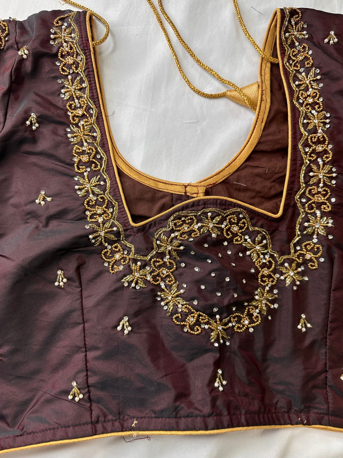 Choclate Brown Marron Silk Blouse with mirror and aari work