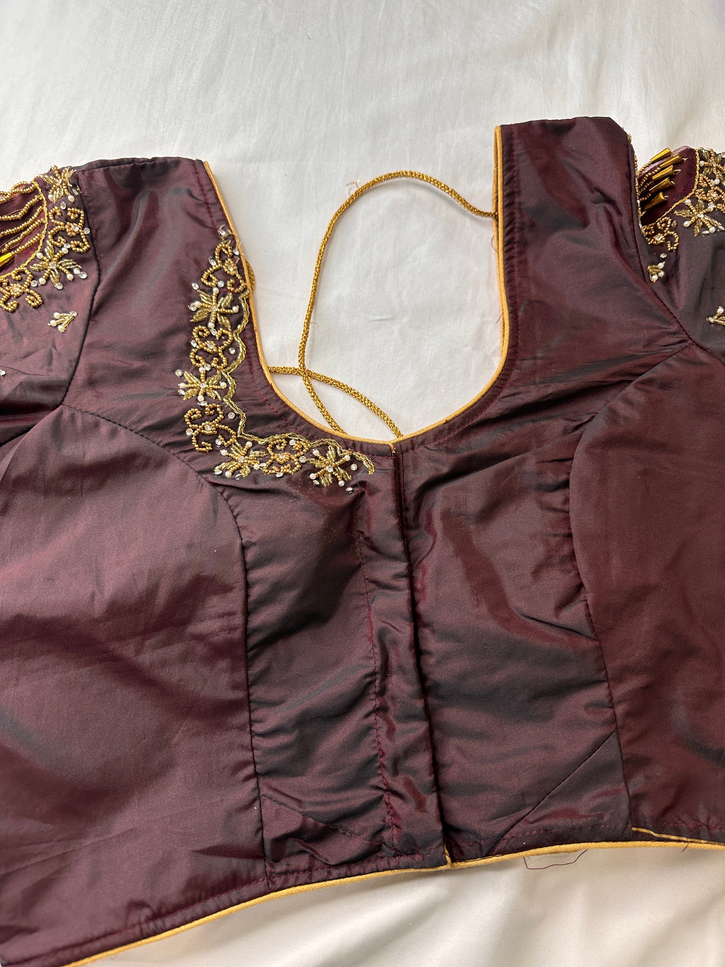 Choclate Brown Marron Silk Blouse with mirror and aari work