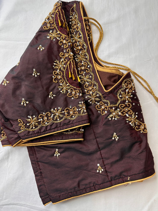 Choclate Brown Marron Silk Blouse with mirror and aari work