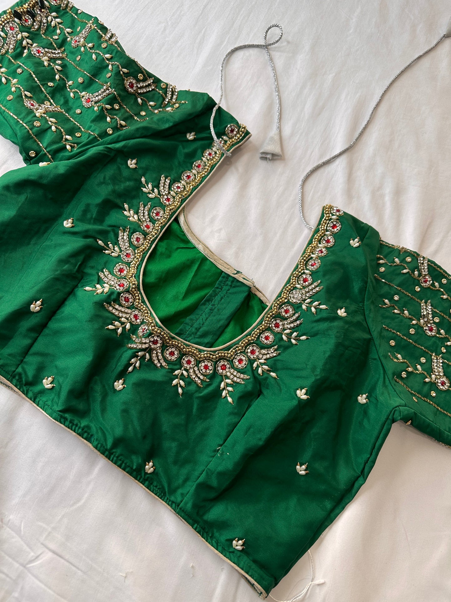 Green Maggam aari Silk Blouse work