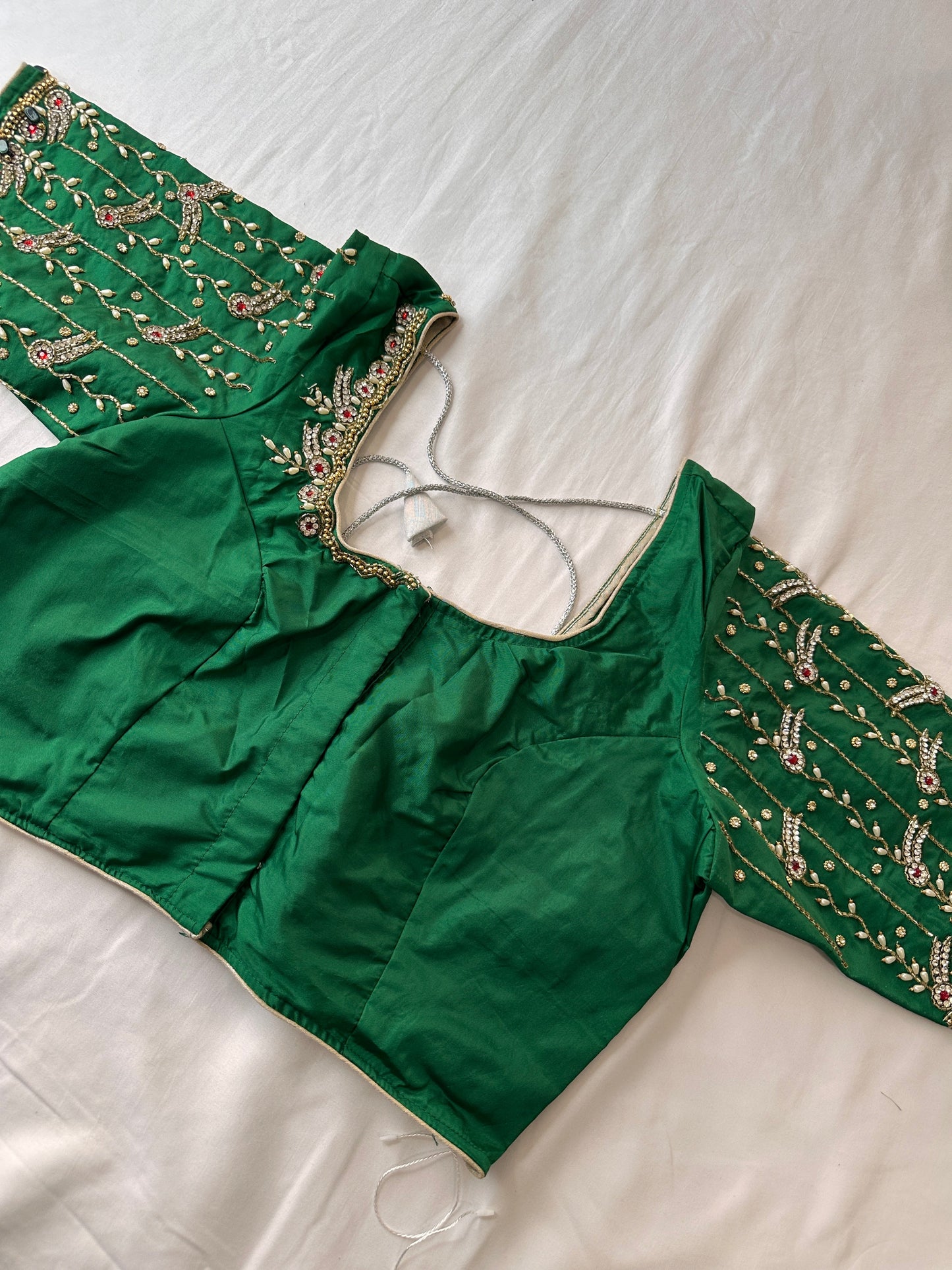Green Maggam aari Silk Blouse work