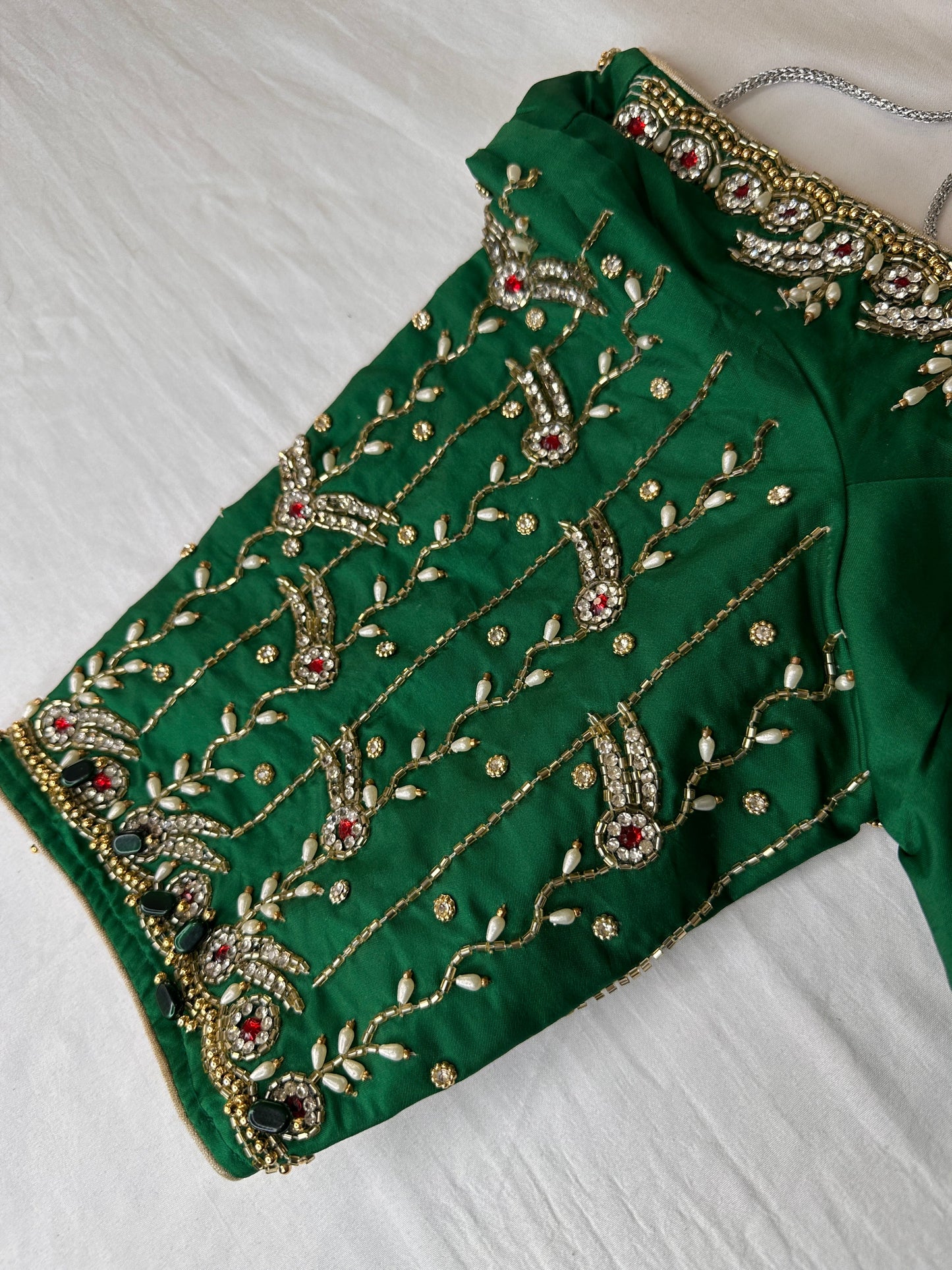 Green Maggam aari Silk Blouse work