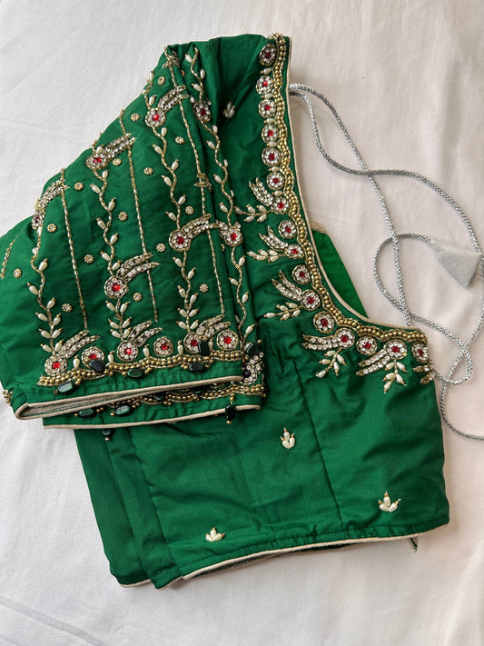 Green Maggam aari Silk Blouse work