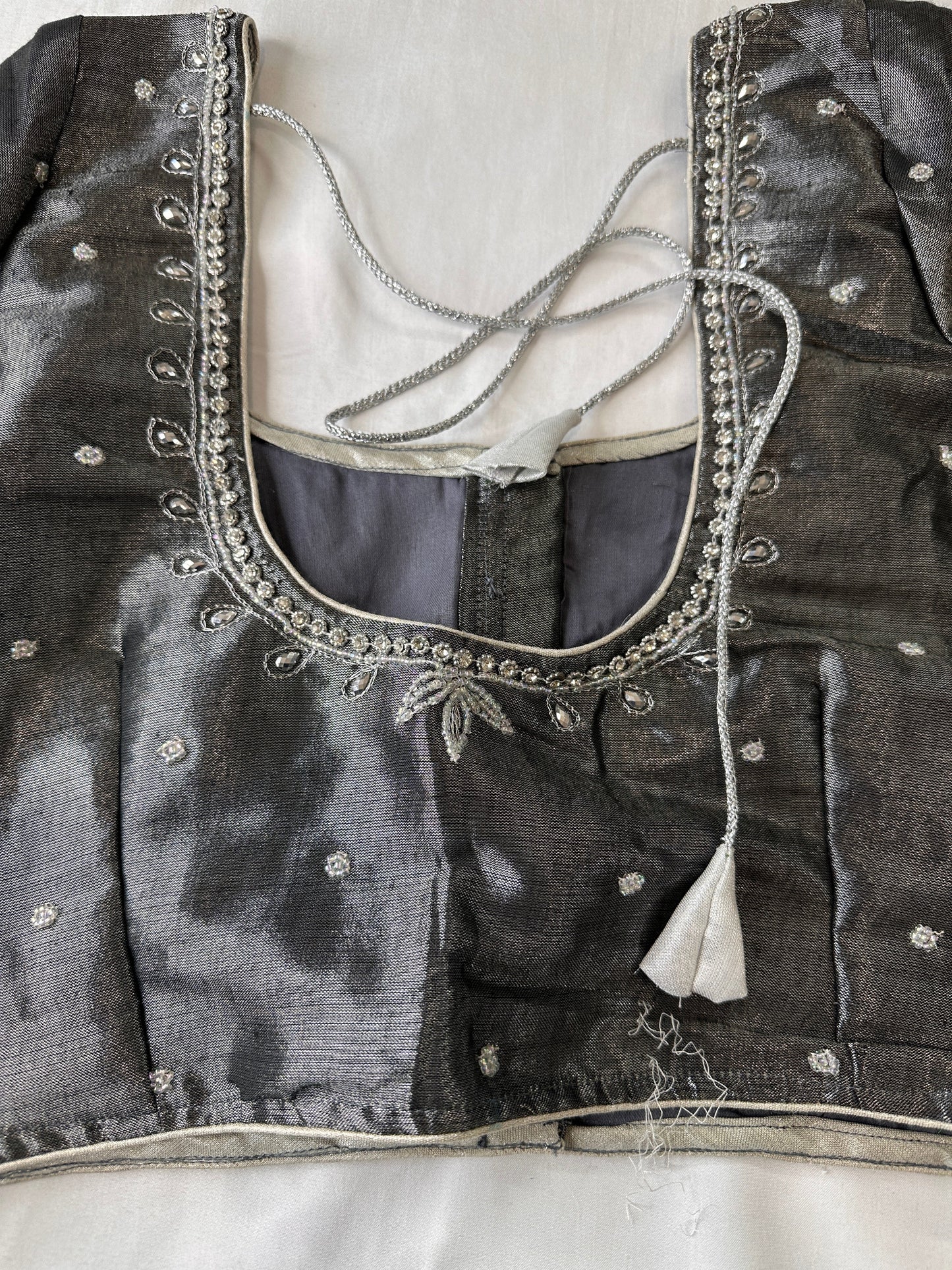 Grey Silver Maggam aari Silk Blouse work