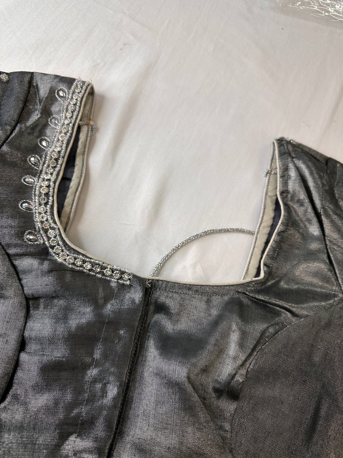 Grey Silver Maggam aari Silk Blouse work
