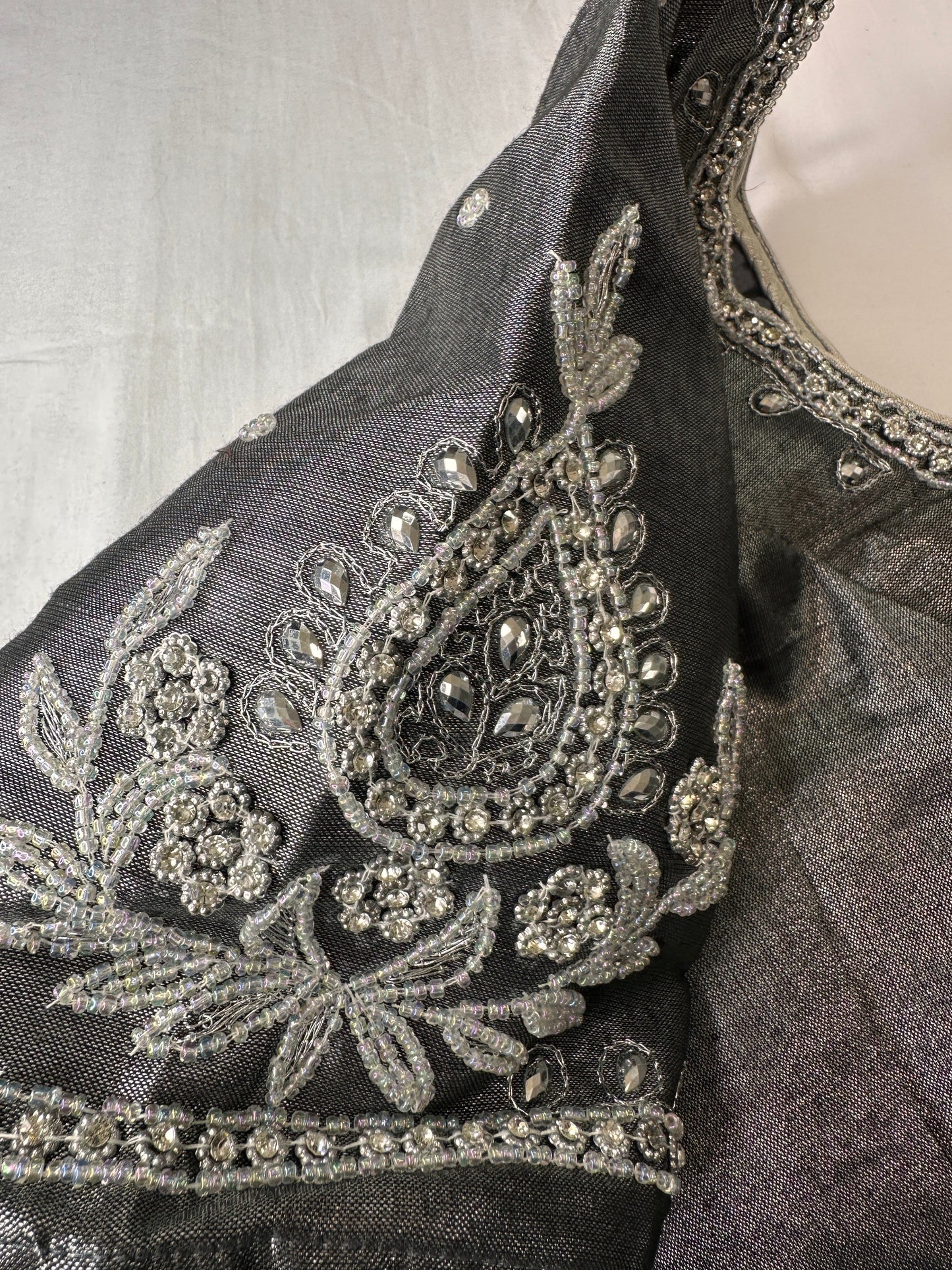 Grey Silver Maggam aari Silk Blouse work