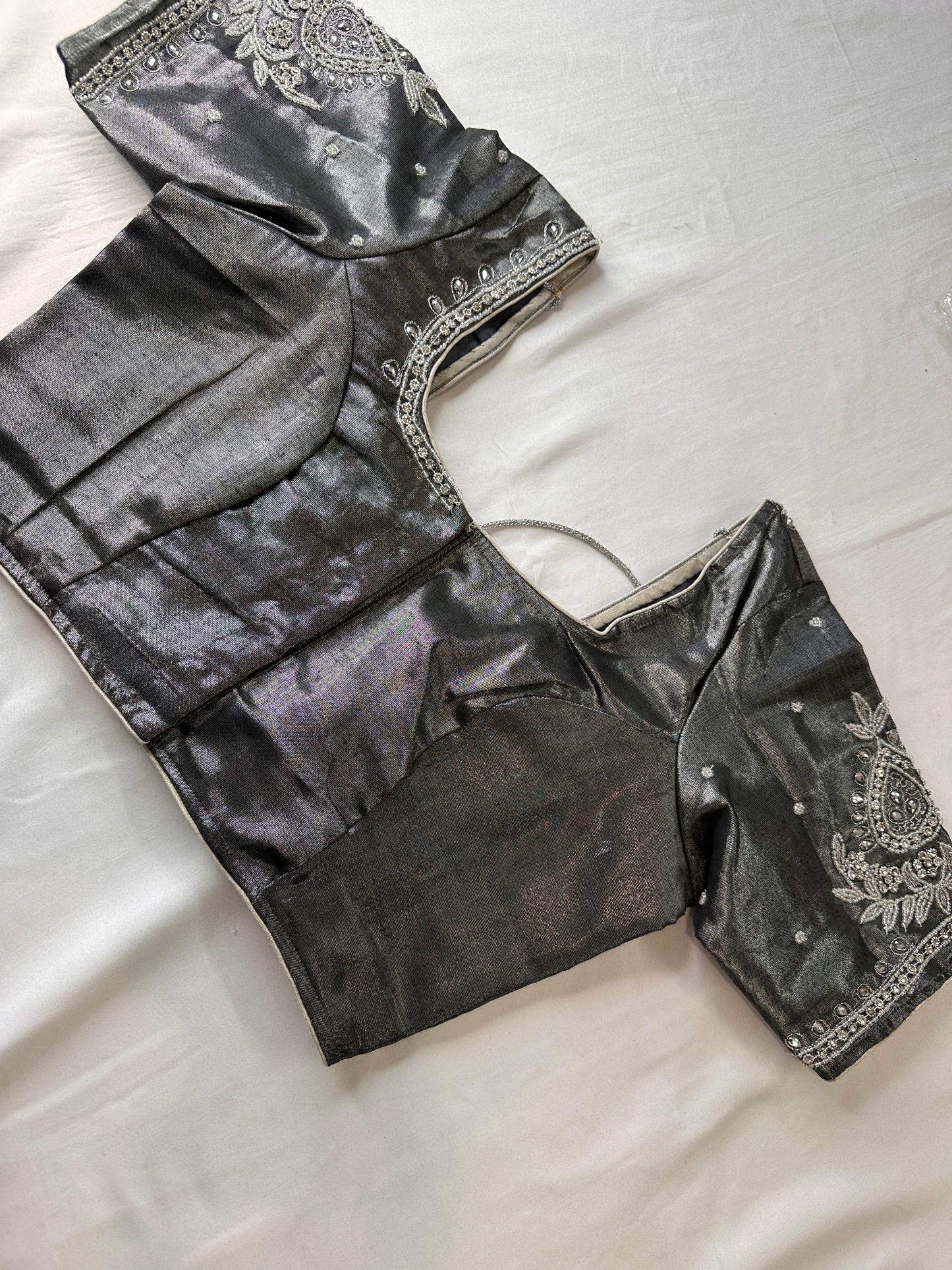Grey Silver Maggam aari Silk Blouse work