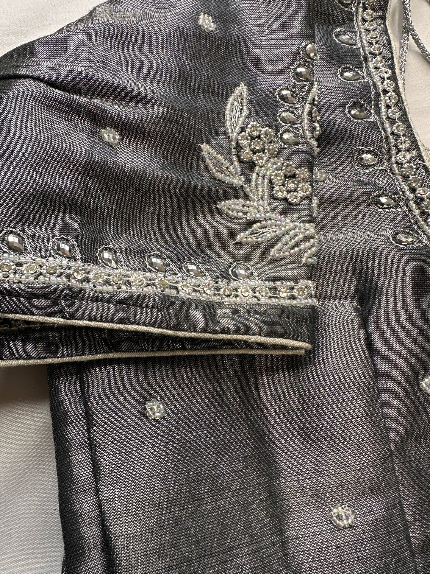 Grey Silver Maggam aari Silk Blouse work