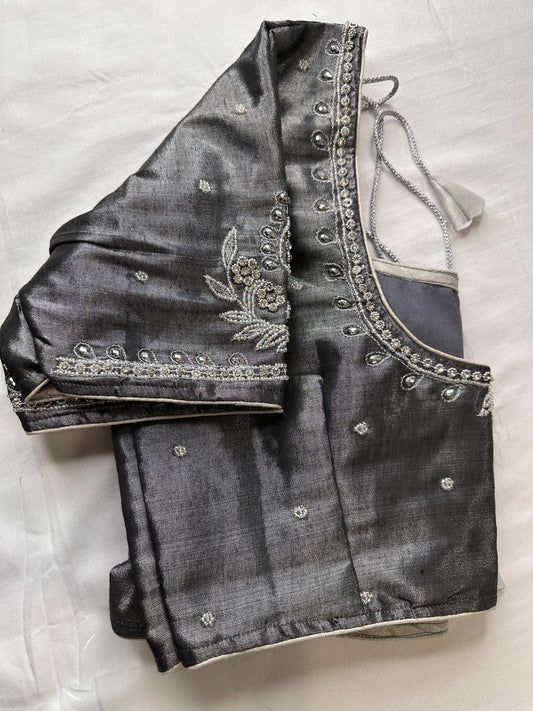 Grey Silver Maggam aari Silk Blouse work