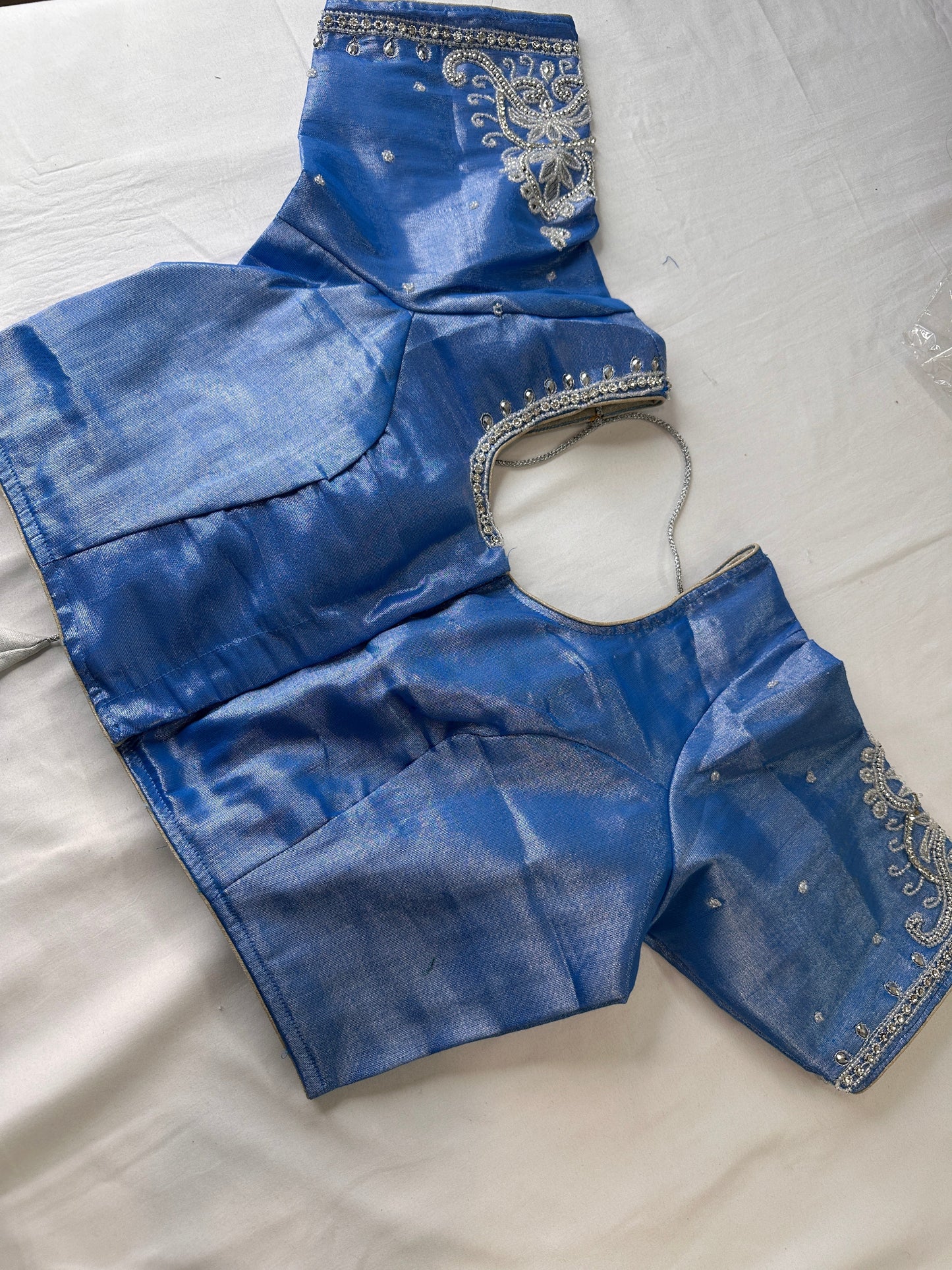 Blue Silk Blouse with mirror and aari work