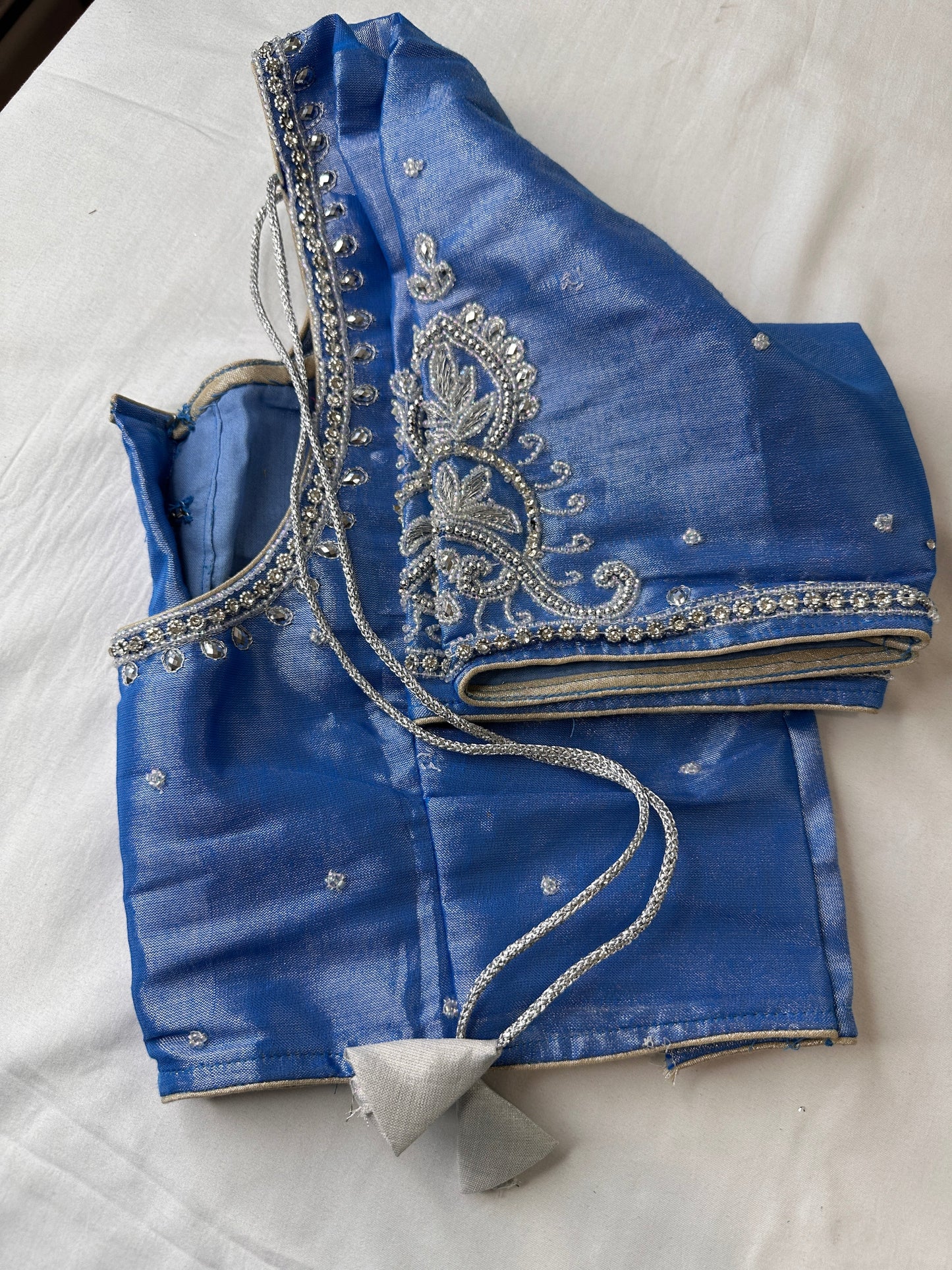 Blue Silk Blouse with mirror and aari work