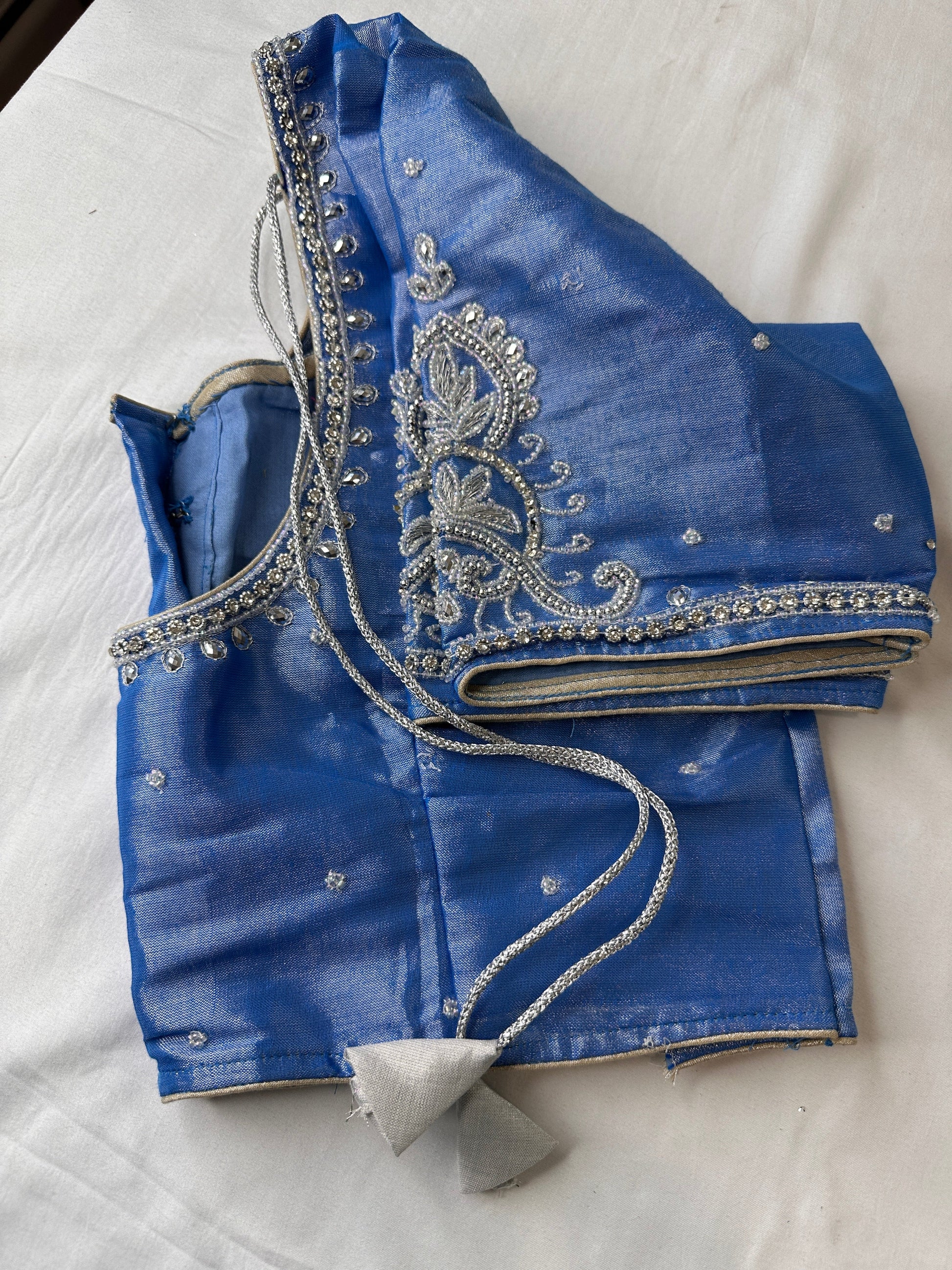 Blue Silk Blouse with mirror and aari work