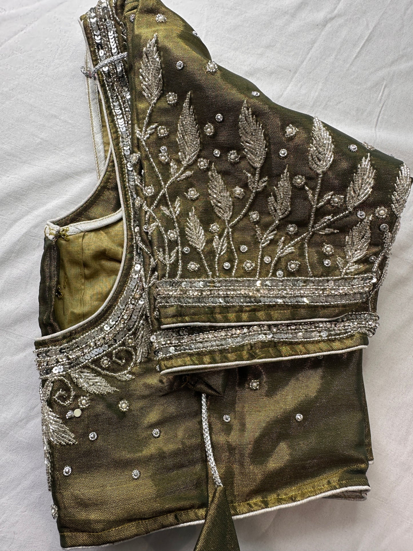 Olive Green Tissue Silk Maggam Aari Work Blouse