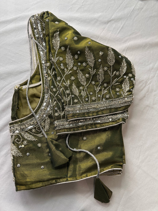 Olive Green Tissue Silk Maggam Aari Work Blouse