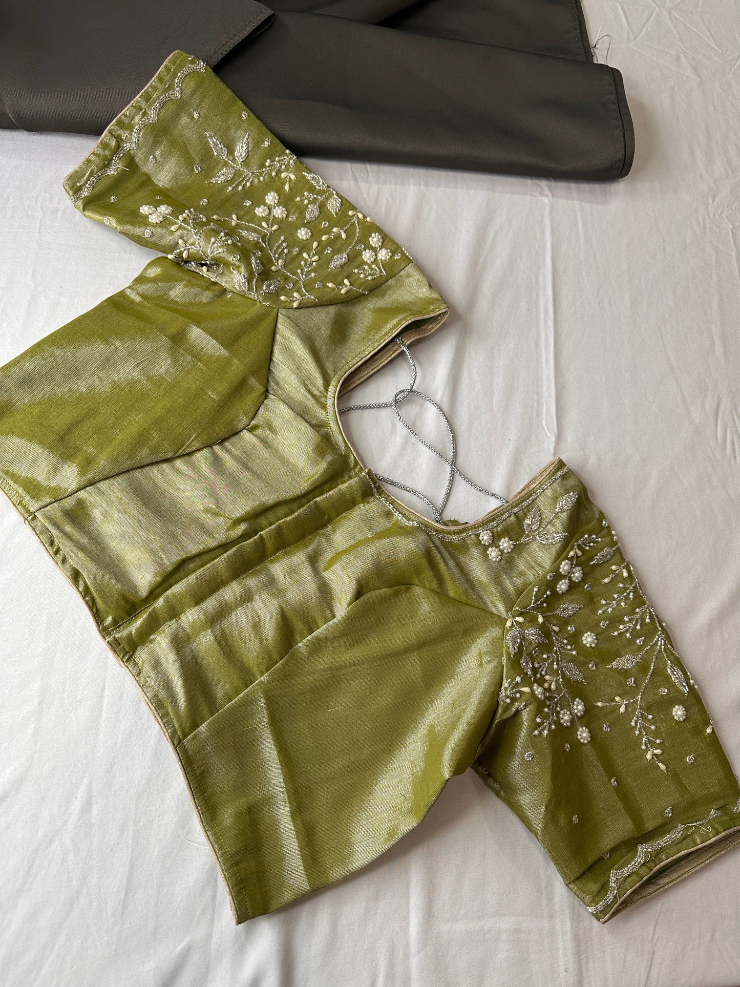 Green Pearl Tissue Silk Maggam Aari Work Blouse