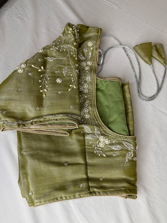 Green Pearl Tissue Silk Maggam Aari Work Blouse