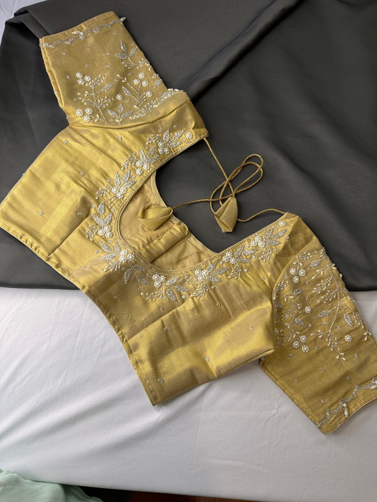 Gold Pearl Tissue Silk Maggam Aari Work Blouse