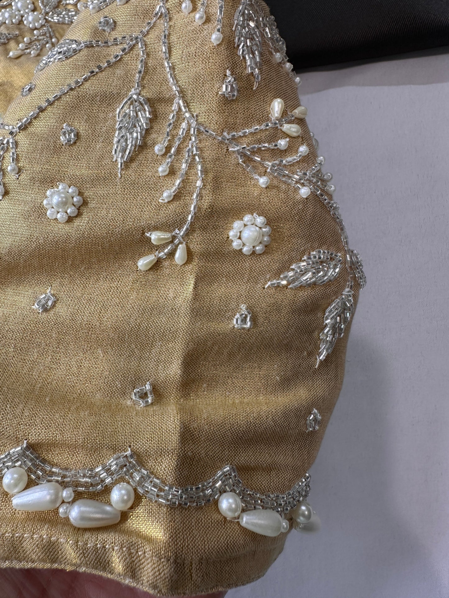 Gold Pearl Tissue Silk Maggam Aari Work Blouse