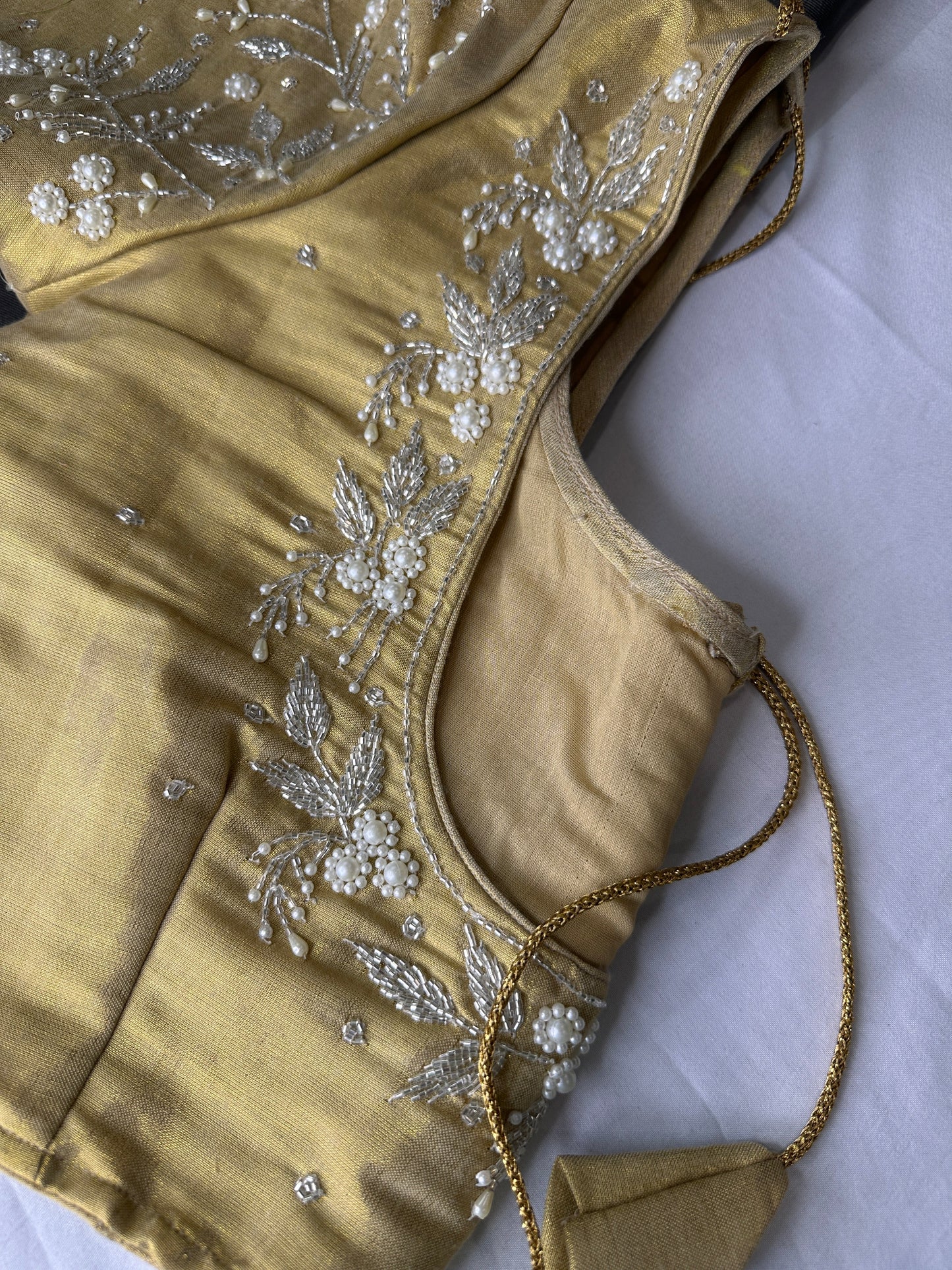Gold Pearl Tissue Silk Maggam Aari Work Blouse