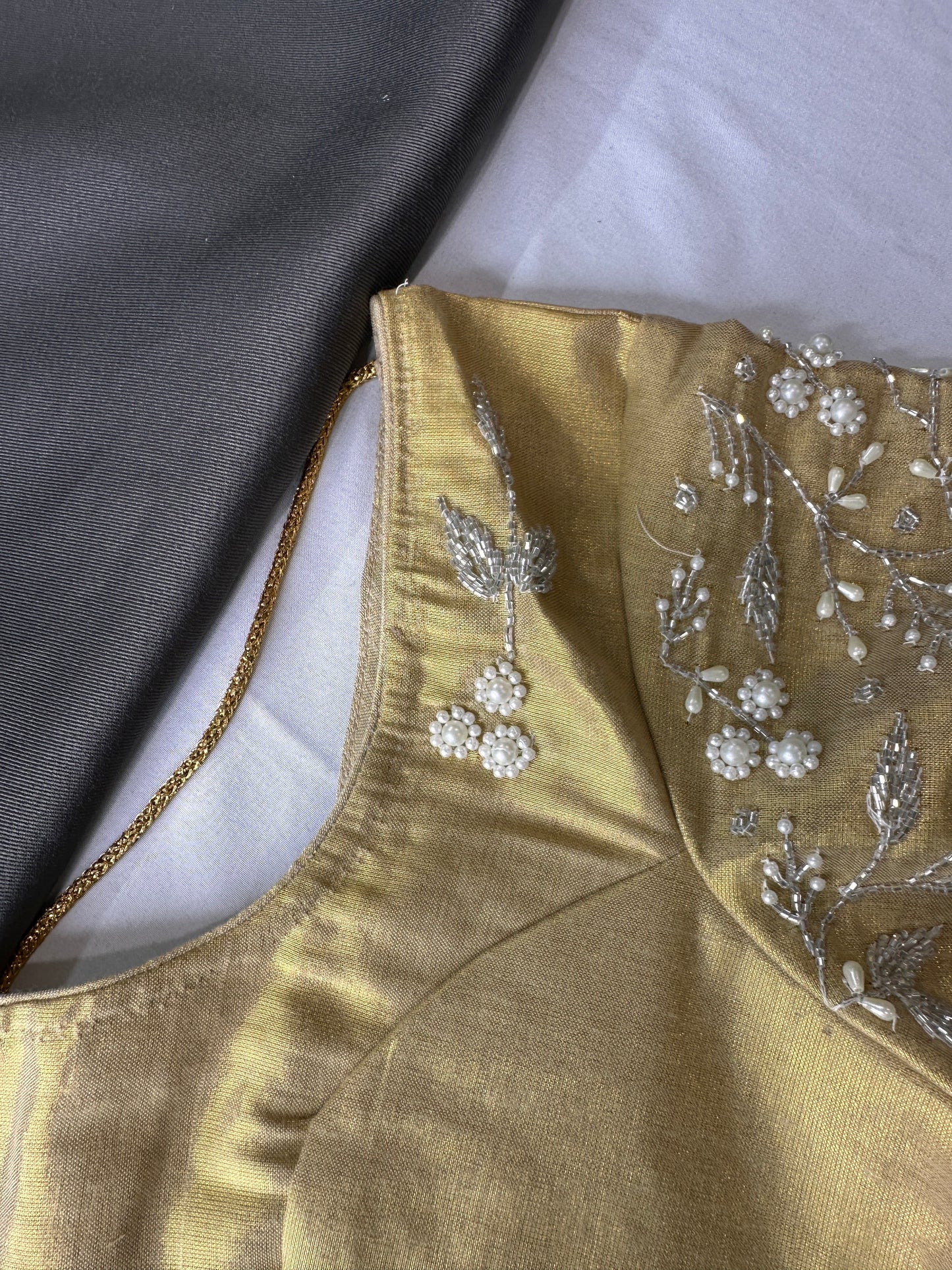 Gold Pearl Tissue Silk Maggam Aari Work Blouse