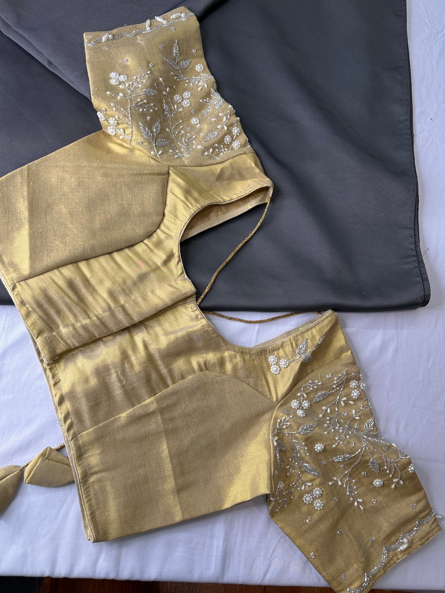 Gold Pearl Tissue Silk Maggam Aari Work Blouse