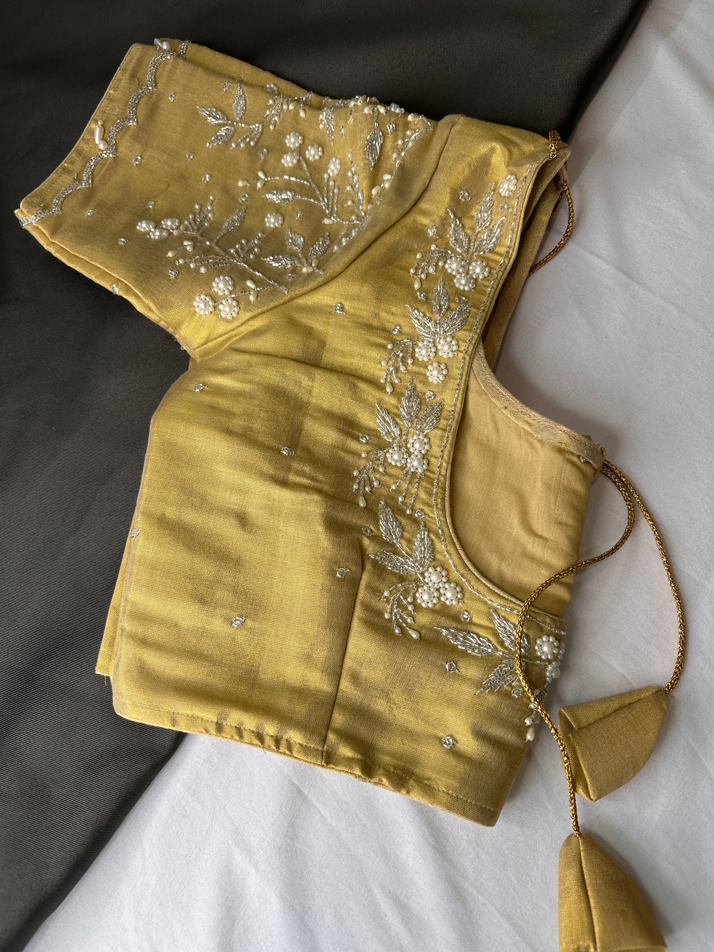 Gold Pearl Tissue Silk Maggam Aari Work Blouse
