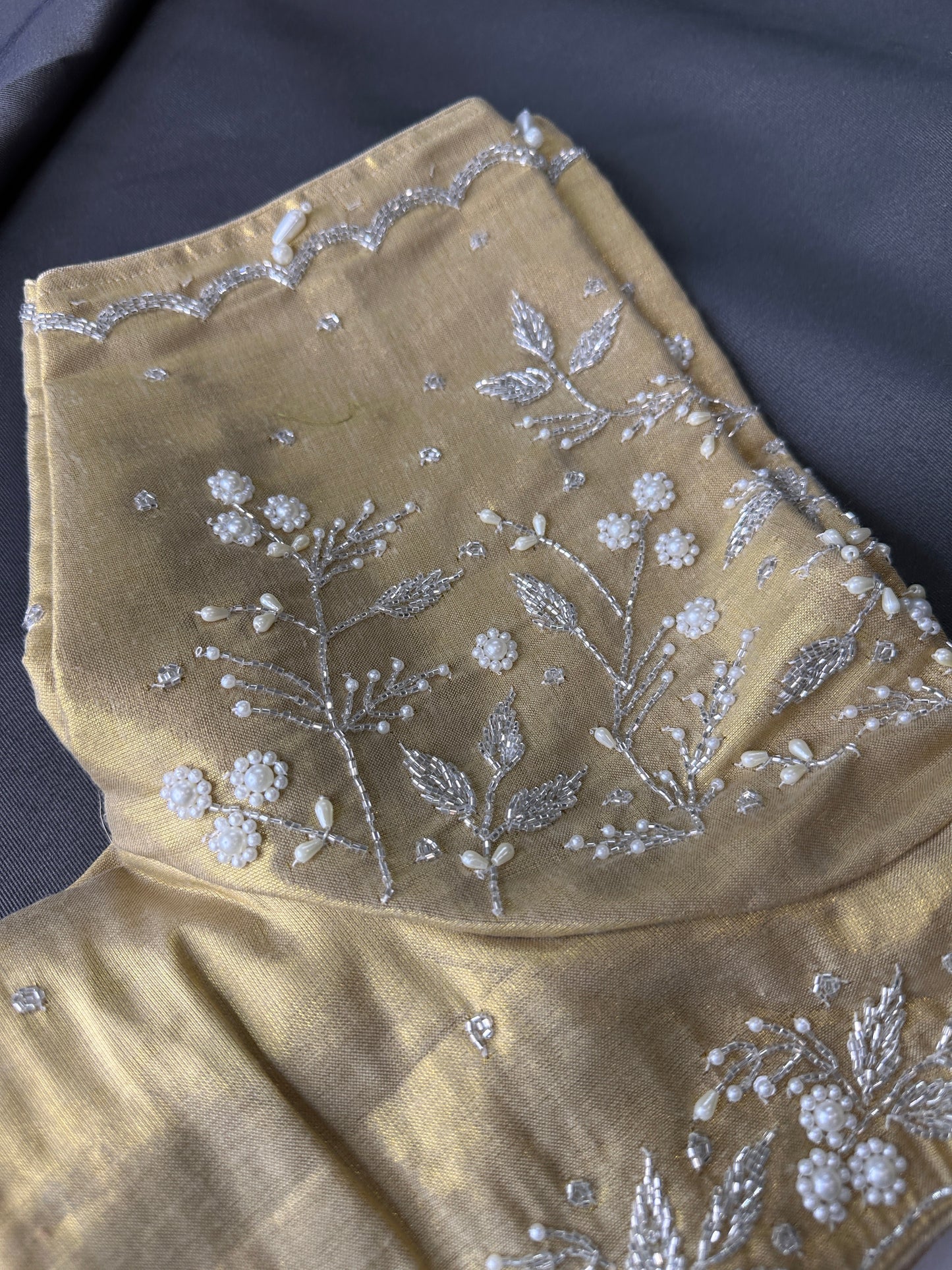 Gold Pearl Tissue Silk Maggam Aari Work Blouse