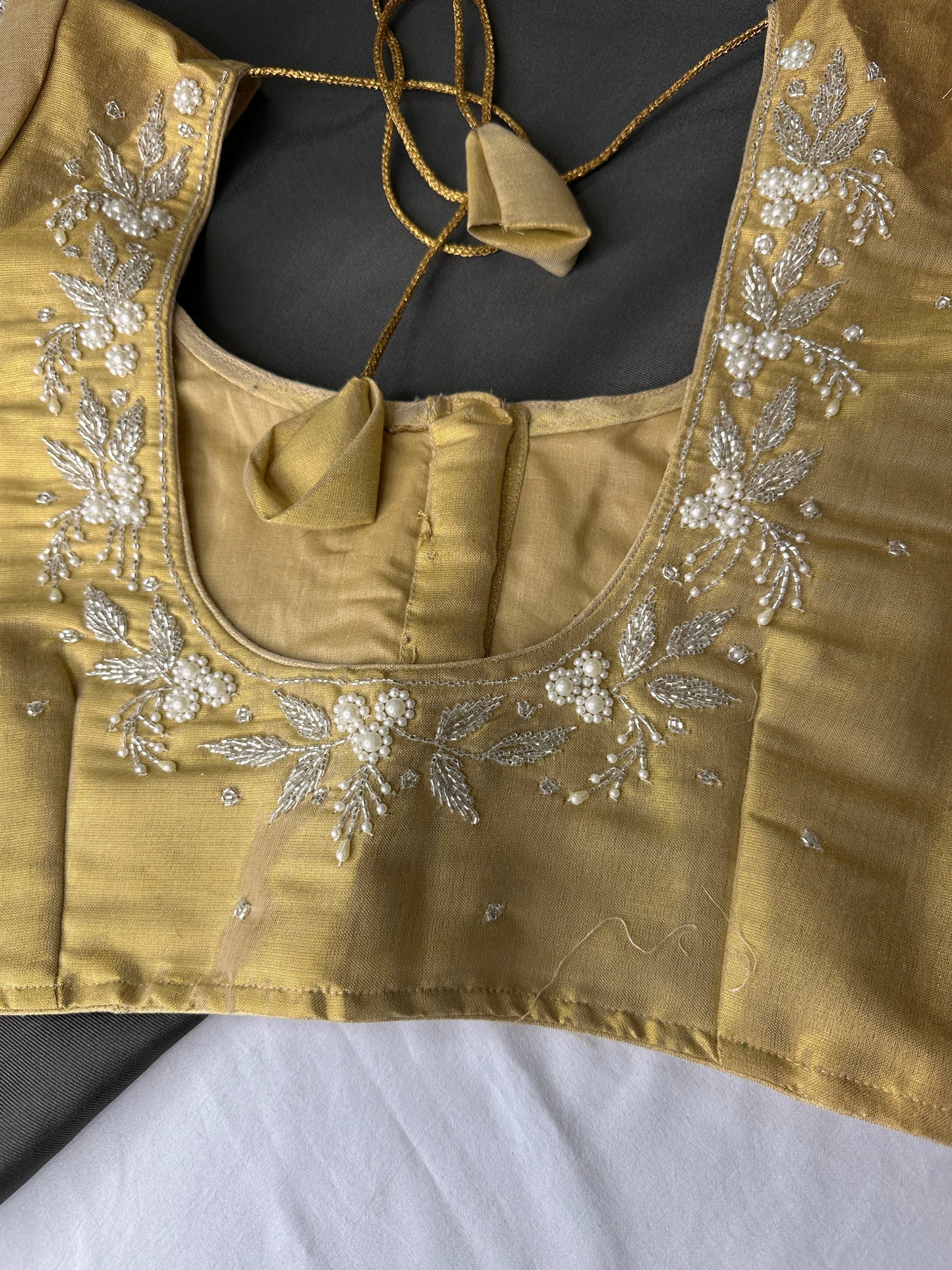Gold Pearl Tissue Silk Maggam Aari Work Blouse