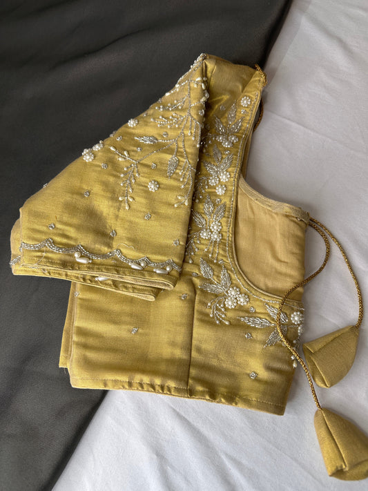 Gold Pearl Tissue Silk Maggam Aari Work Blouse