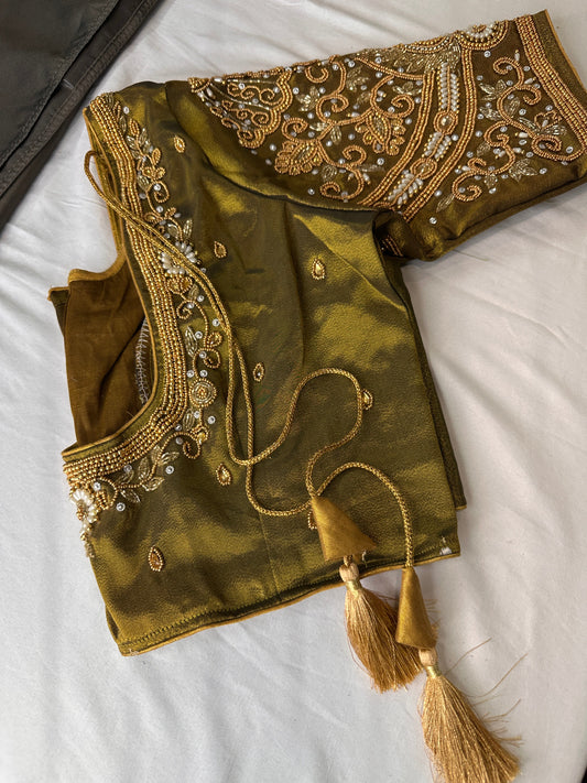 Mehendi Green Silk Maggam Aari Work Blouse