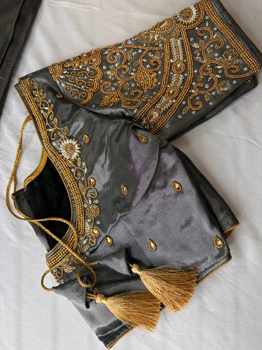 Grey Silk Maggam Aari Work Blouse