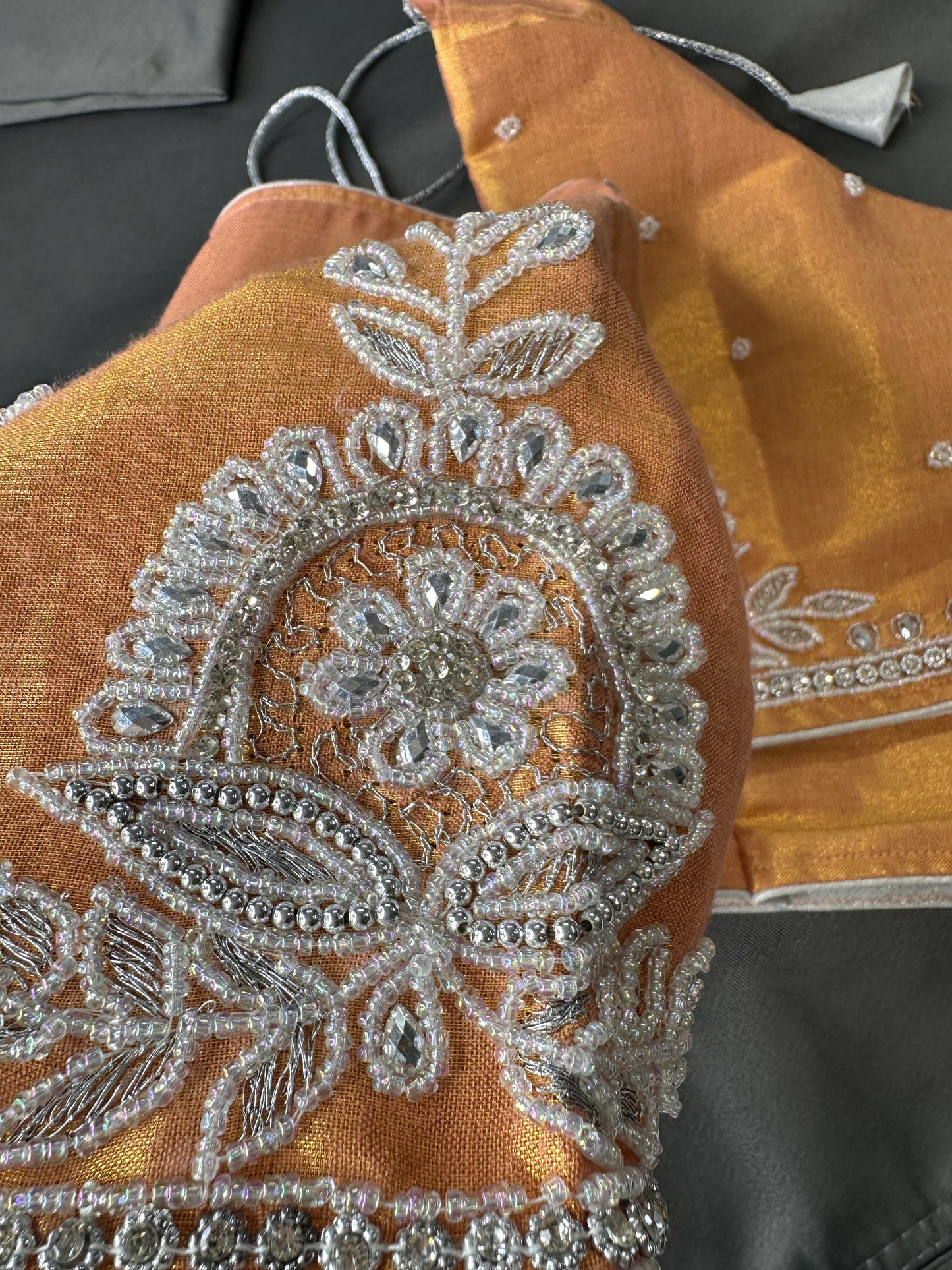Rust Orange Tissue Silk Embroidery Aari Work Blouse