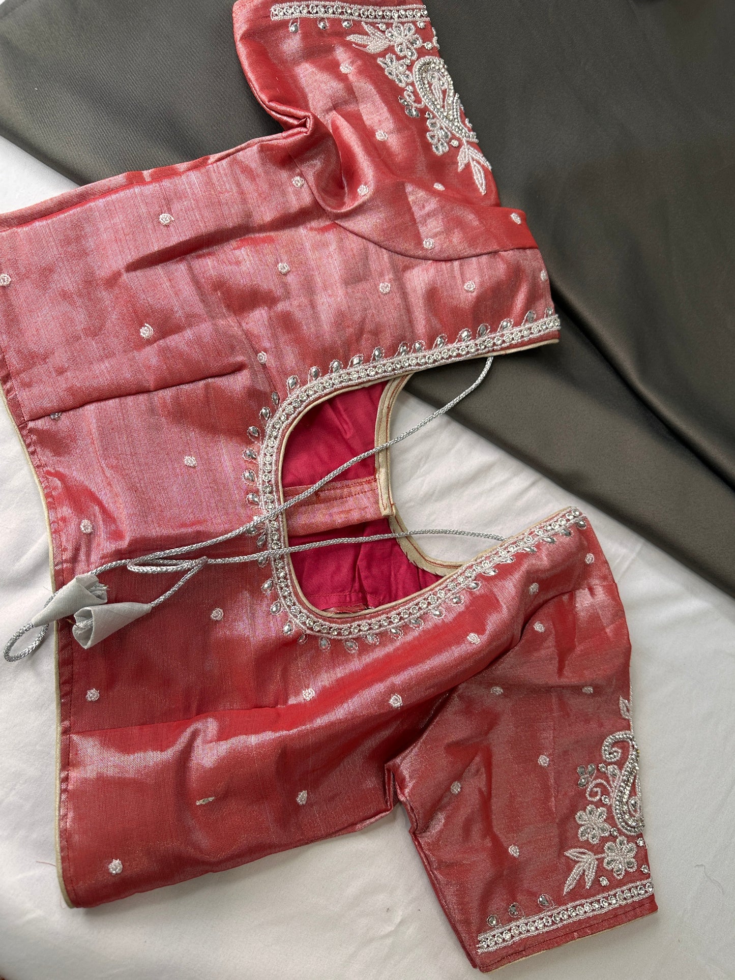 Pink Tissue Silk Embroidery Aari Work Blouse