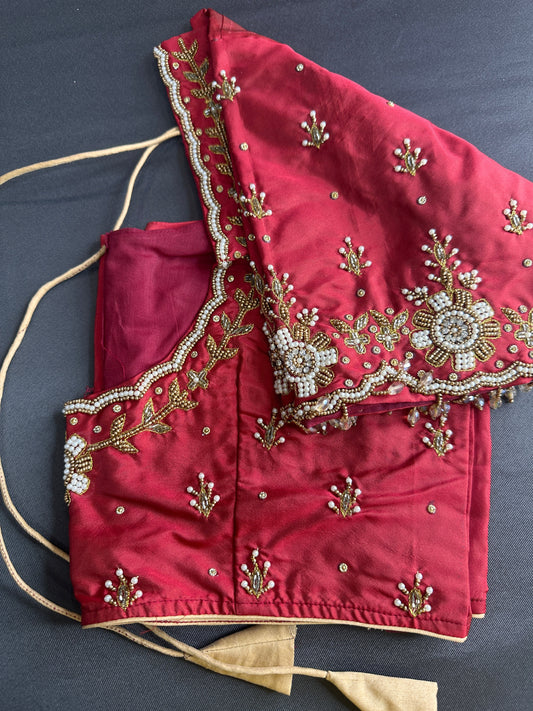 Brick Red Silk Maggam Aari Work Blouse