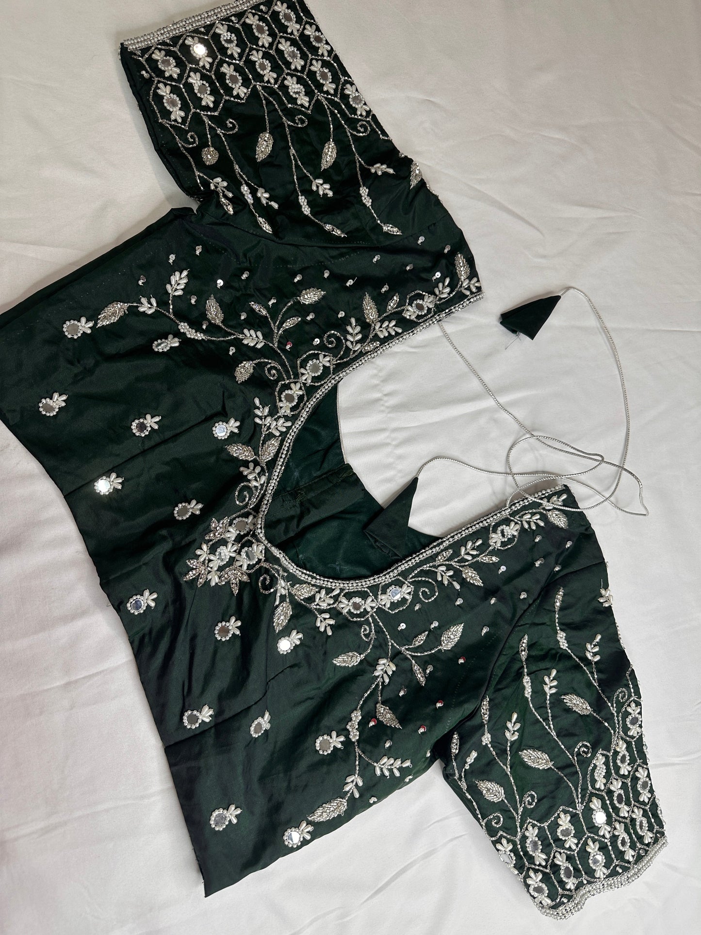 Green Mirror work Maggam Aari Embroidery Blouse
