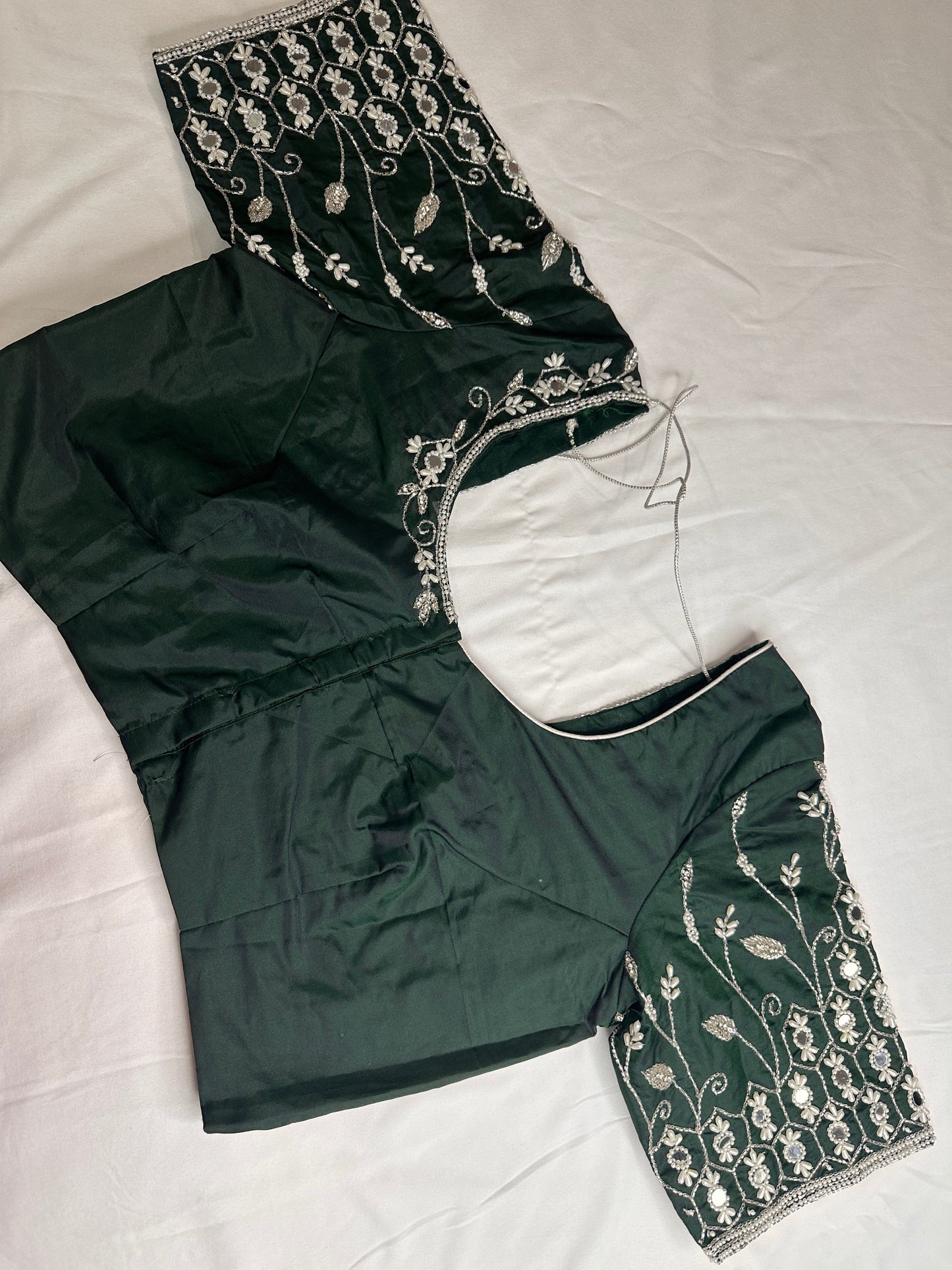 Green Mirror work Maggam Aari Embroidery Blouse