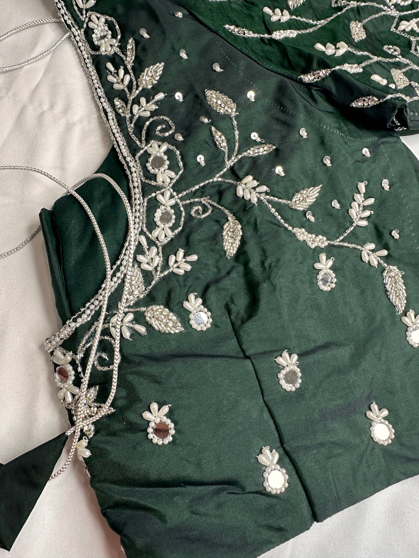 Green Mirror work Maggam Aari Embroidery Blouse