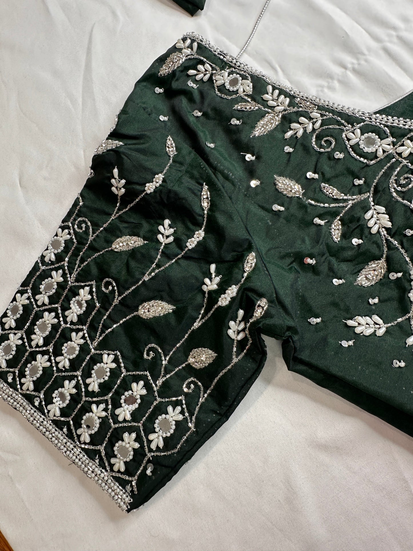 Green Mirror work Maggam Aari Embroidery Blouse