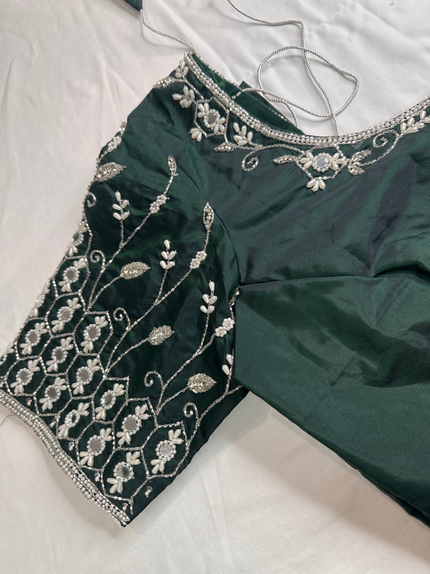 Green Mirror work Maggam Aari Embroidery Blouse
