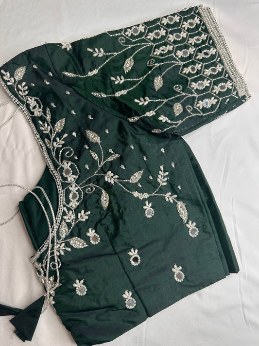 Green Mirror work Maggam Aari Embroidery Blouse