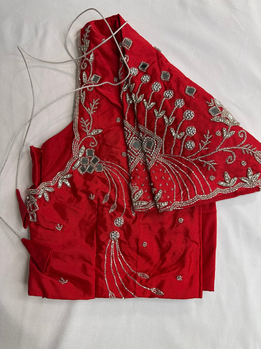 Red Mirror work Maggam Aari Embroidery Blouse