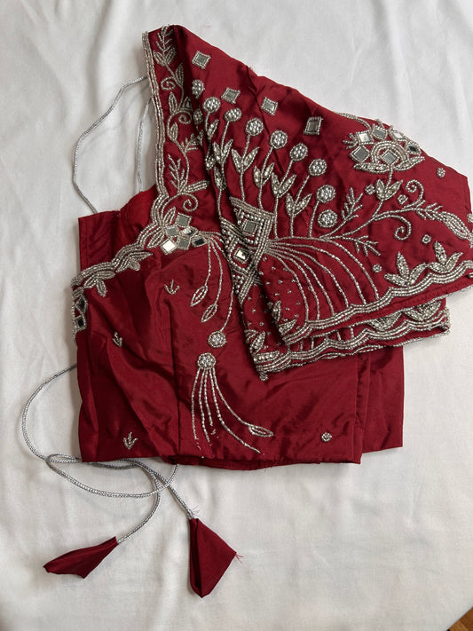 Marron Red Mirror work Maggam Aari Embroidery Blouse