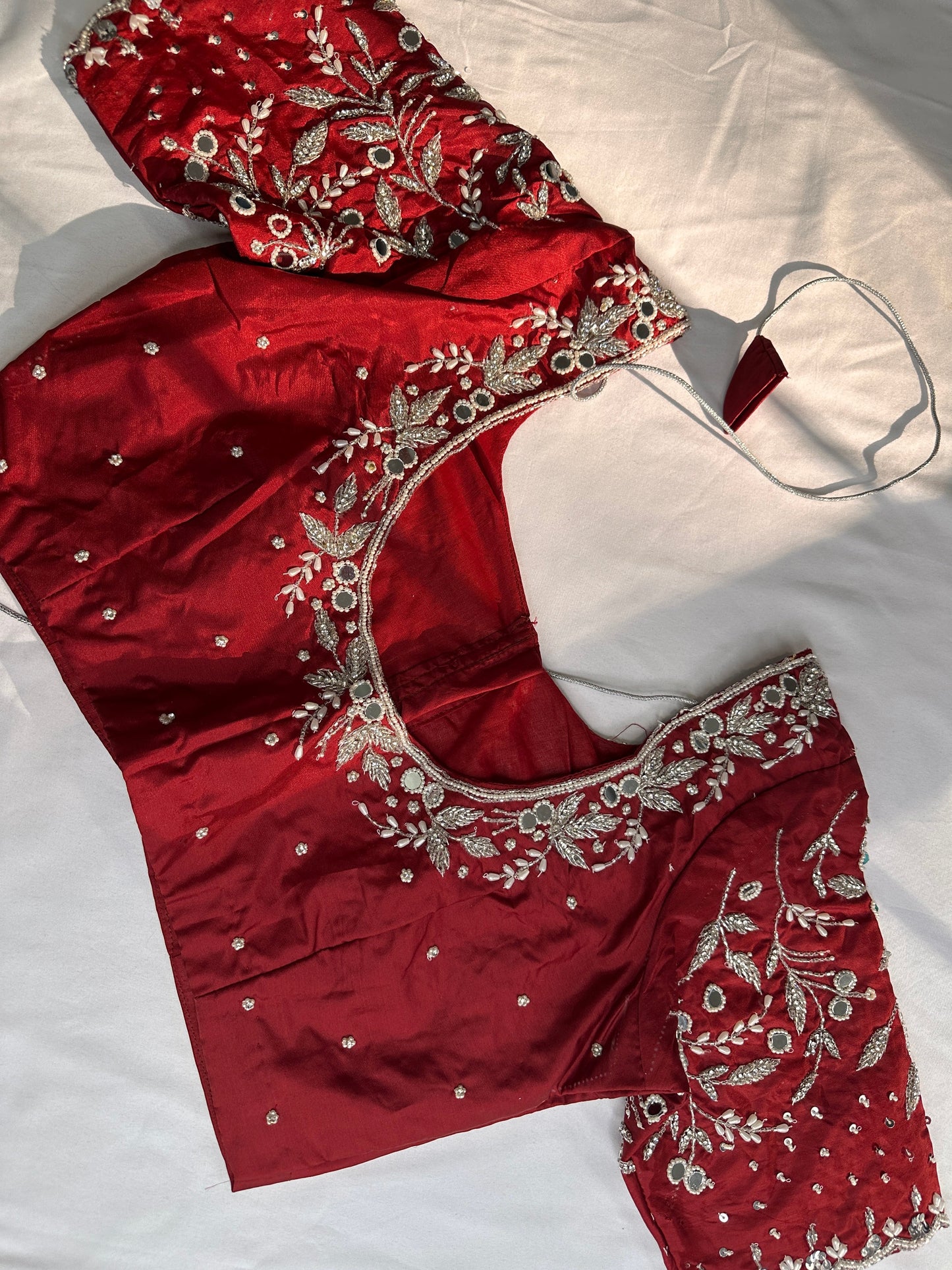 Marron Red Mirror work Maggam Aari Embroidery Blouse