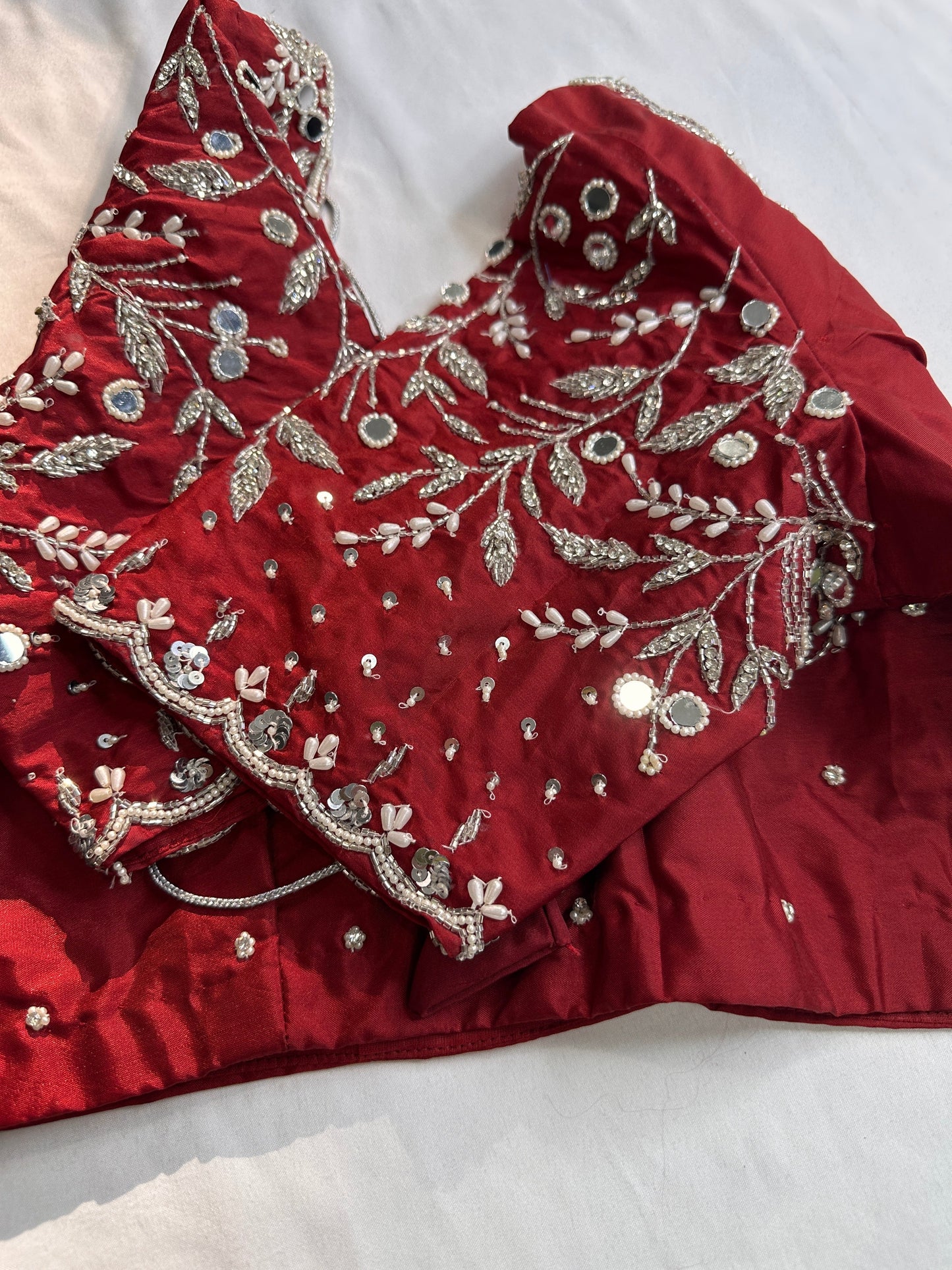 Marron Red Mirror work Maggam Aari Embroidery Blouse