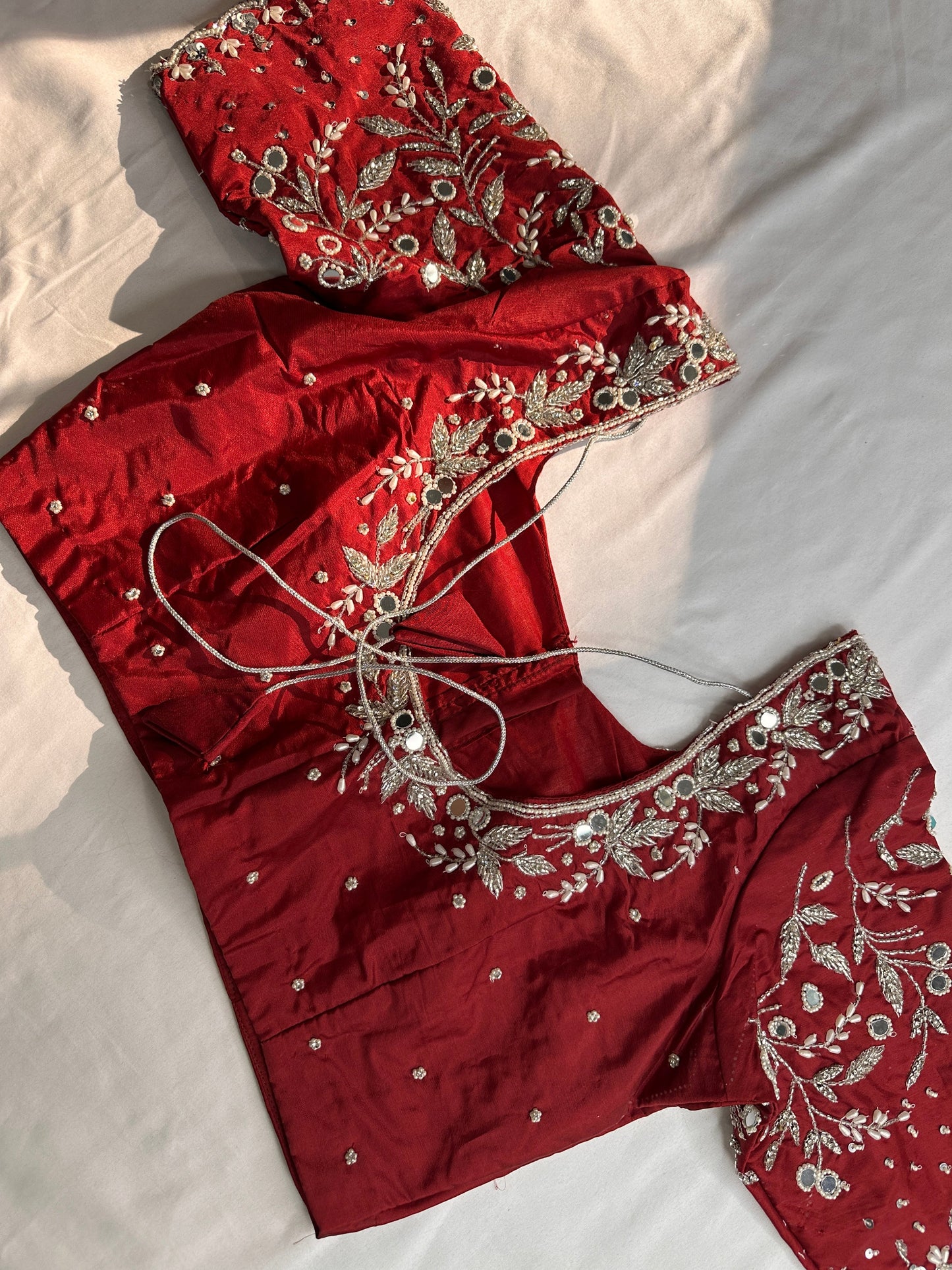 Marron Red Mirror work Maggam Aari Embroidery Blouse
