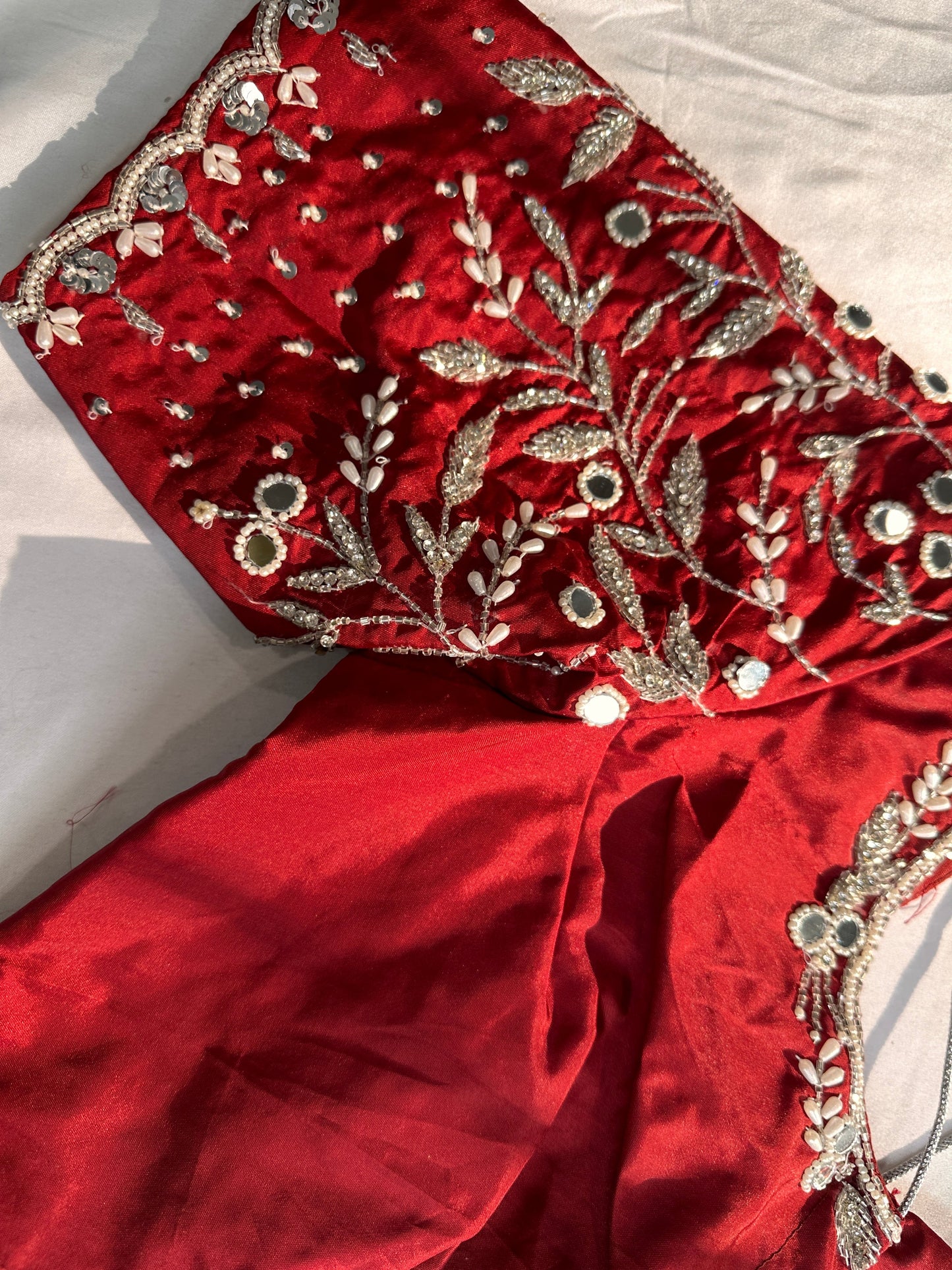 Marron Red Mirror work Maggam Aari Embroidery Blouse