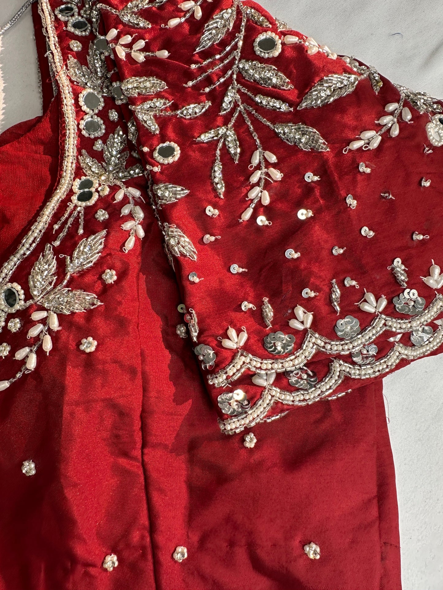 Marron Red Mirror work Maggam Aari Embroidery Blouse