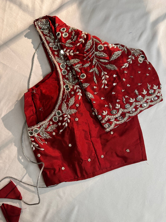 Marron Red Mirror work Maggam Aari Embroidery Blouse